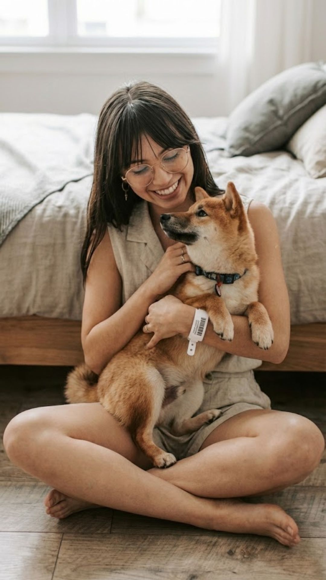 Young NDIS participant with a hospital discharge wristband smiling at her dog in a bright, modern Australian home, representing a successful transition of care to a safe, stable home.