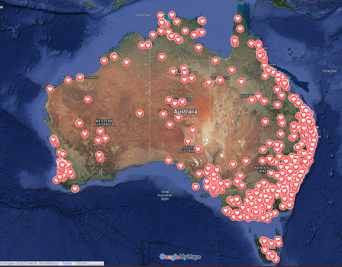 A map with lots of red dots on it, indicating the elevated rates of femicide in Australia.