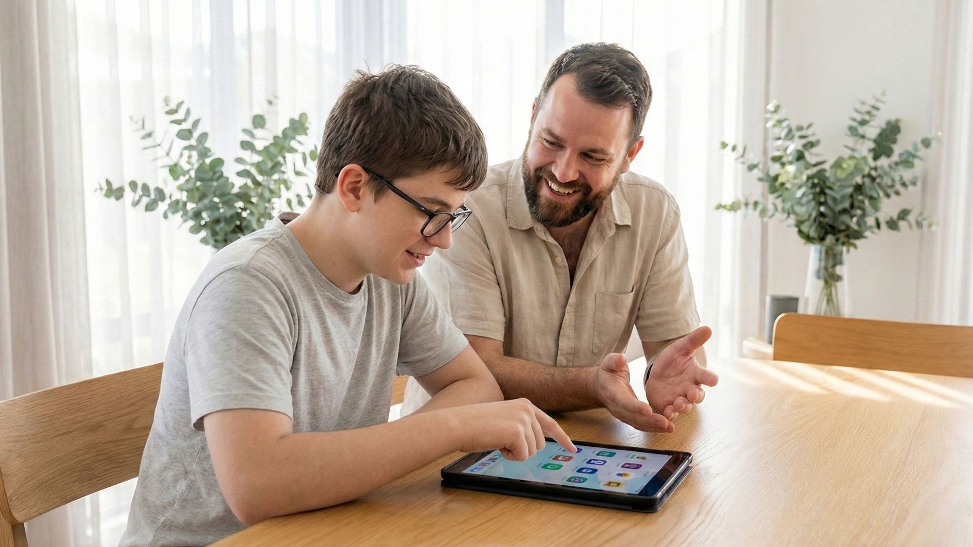 Father and teenage son with autism using a tablet at home to discuss puberty and social boundaries, illustrating supportive NDIS strategies for child development.