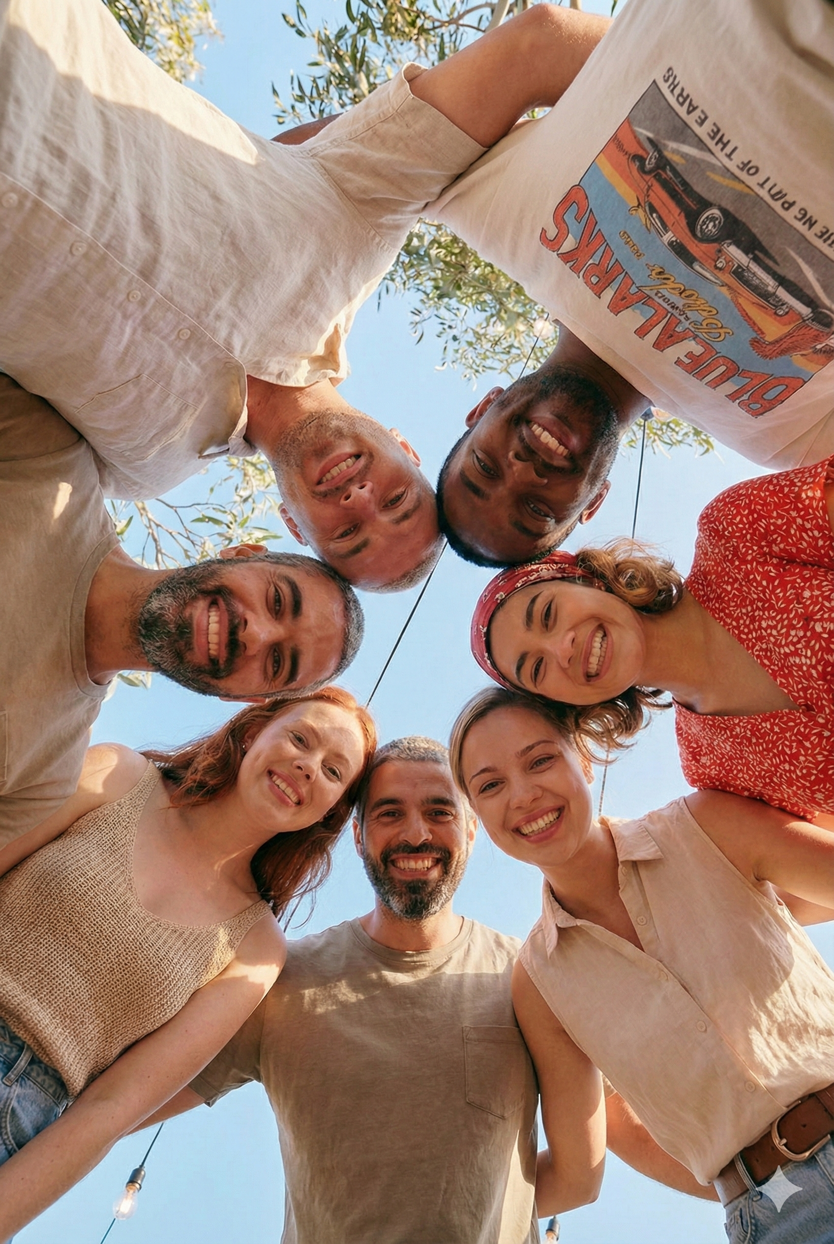 Low-angle shot of a diverse group of people smiling down at the camera against a clear sky, symbolising the connection, support, and forward momentum of the globally recognised Safe Community Living Program.
