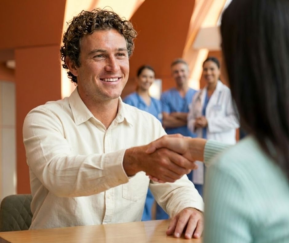 A smiling Plan and Grow NDIS Support Coordinator shaking hands to mark a successful partnership with the supportive hospital discharge team visible in the background, facilitating a smooth transition of care.