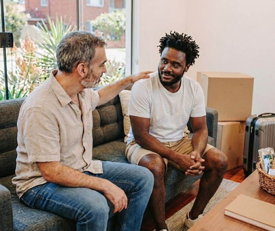 An NDIS support coordinator reassuring a participant in a bright living room filled with moving boxes and a 'welcome' basket, symbolizing the immediate shift to a safe, stable home environment. This illustrates the role of secure short-term transitional accommodation as a vital bridge during the transition of care process.