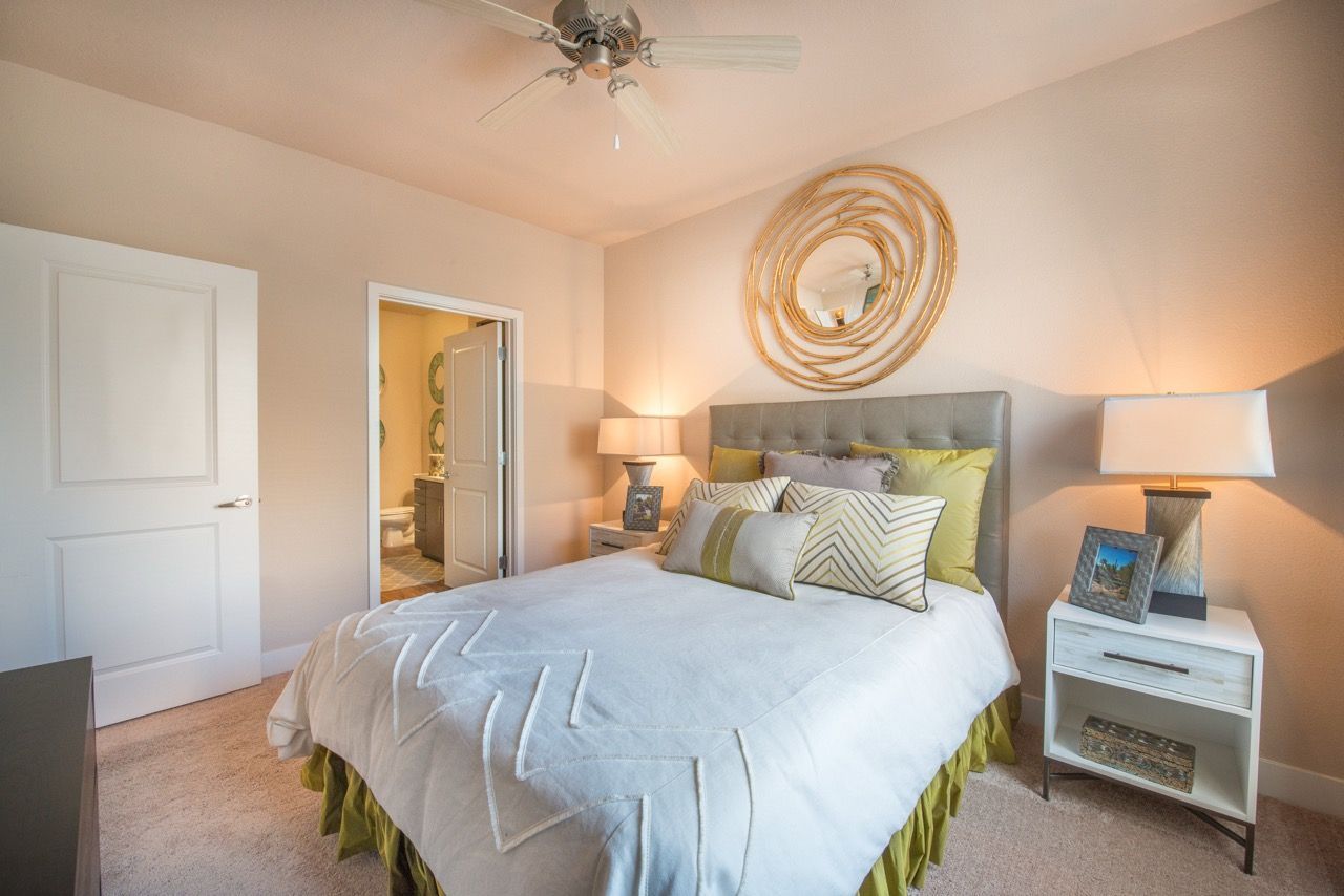 Bedroom in an apartment with a large bed, nightstands, lamps, and an open door to the bathroom.
