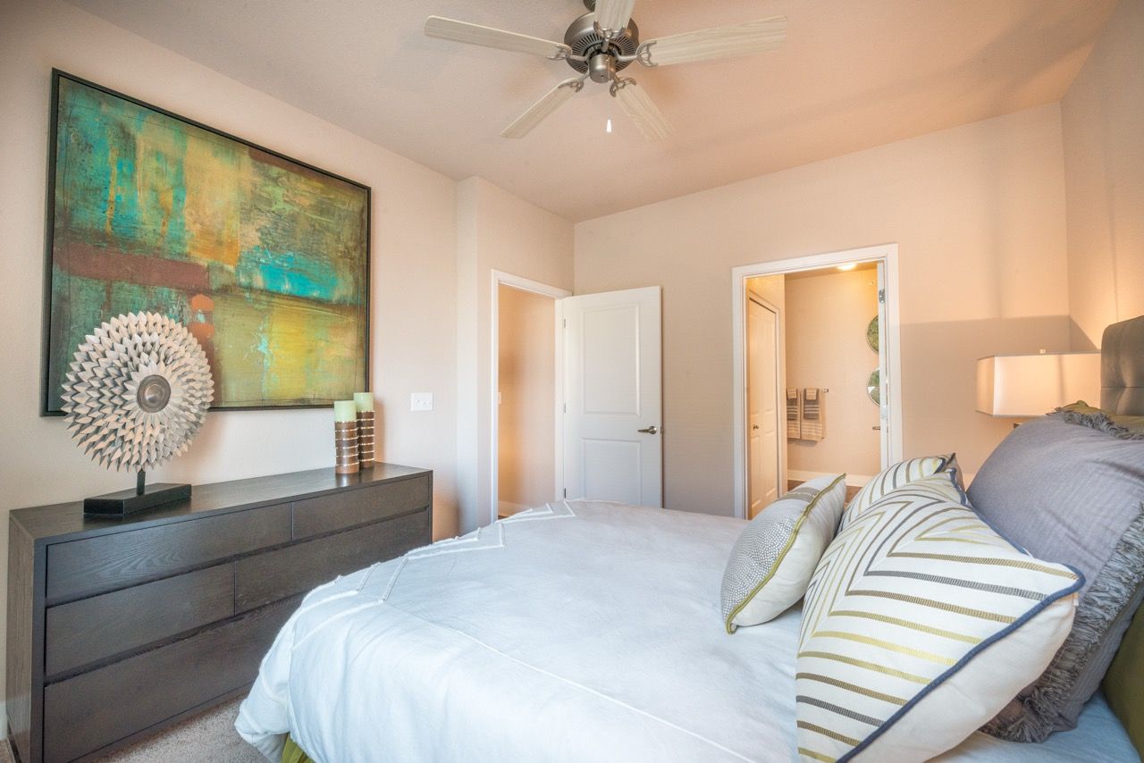 Bedroom with a king-size bed, dresser, abstract art, ceiling fan, and two interior doors.
