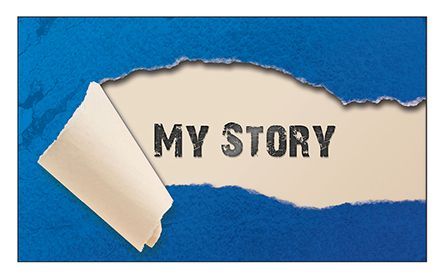 A piece of torn paper with the words my story written on it