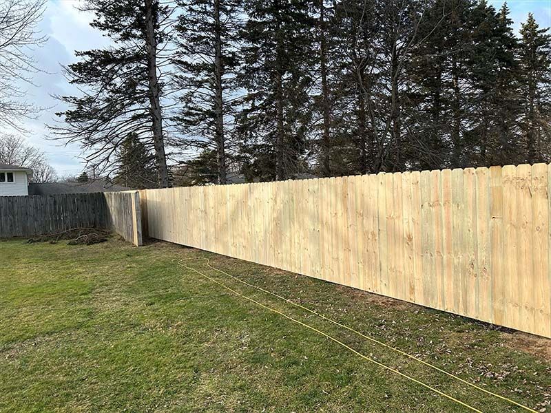 A long wooden fence is surrounded by trees in a backyard.