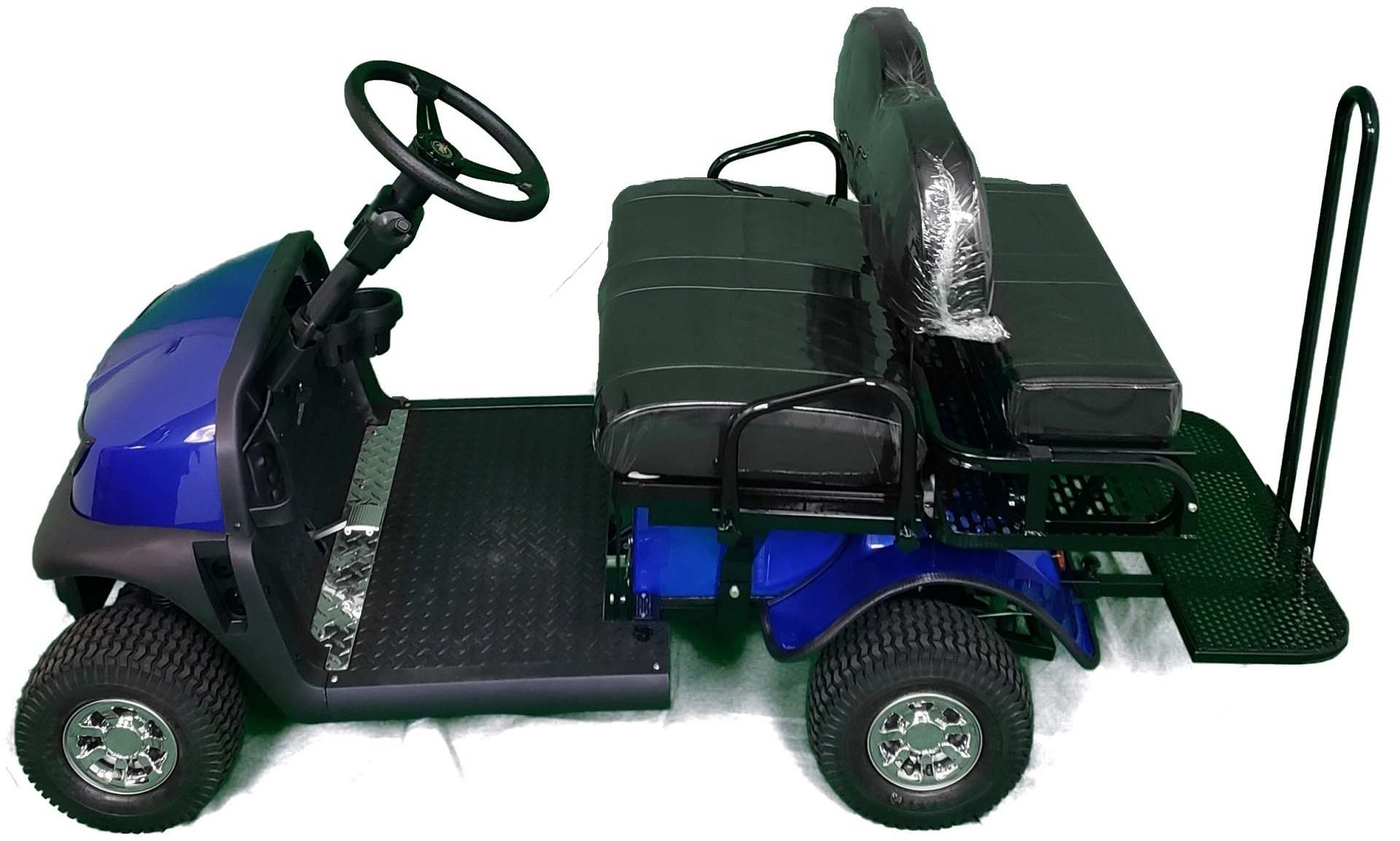 A blue golf cart with black seats and a steering wheel