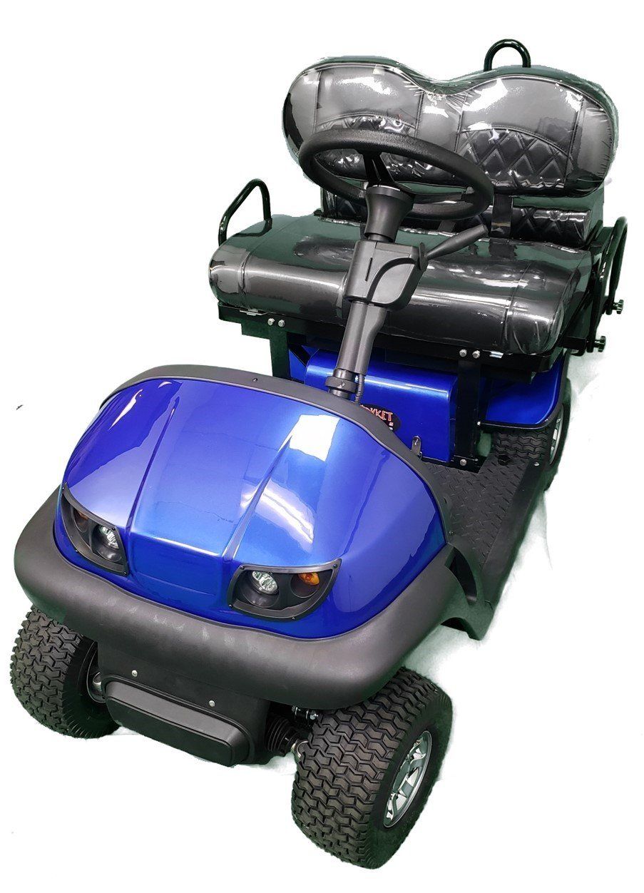 A blue golf cart with black seats on a white background.