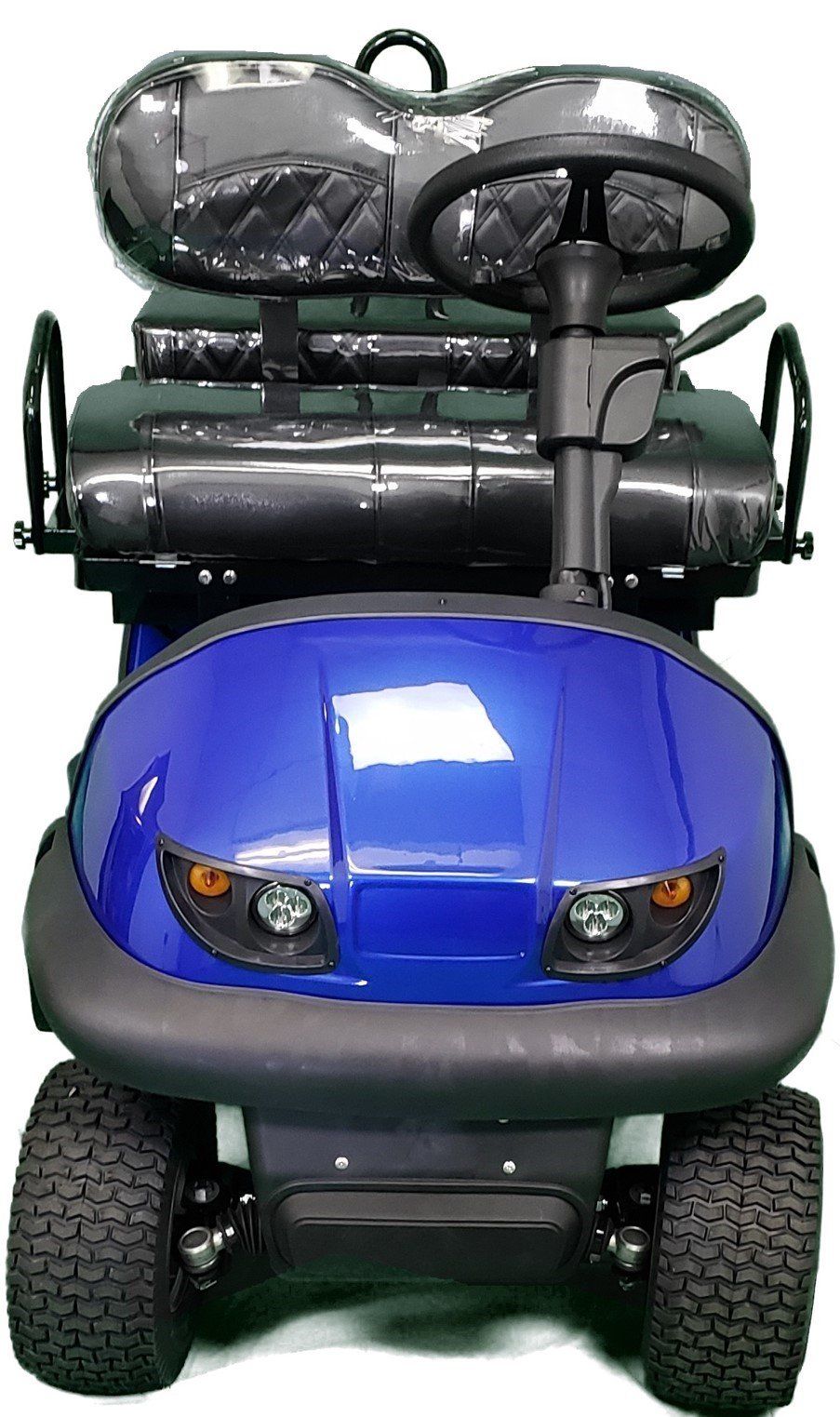 The front of a blue golf cart is shown on a white background.