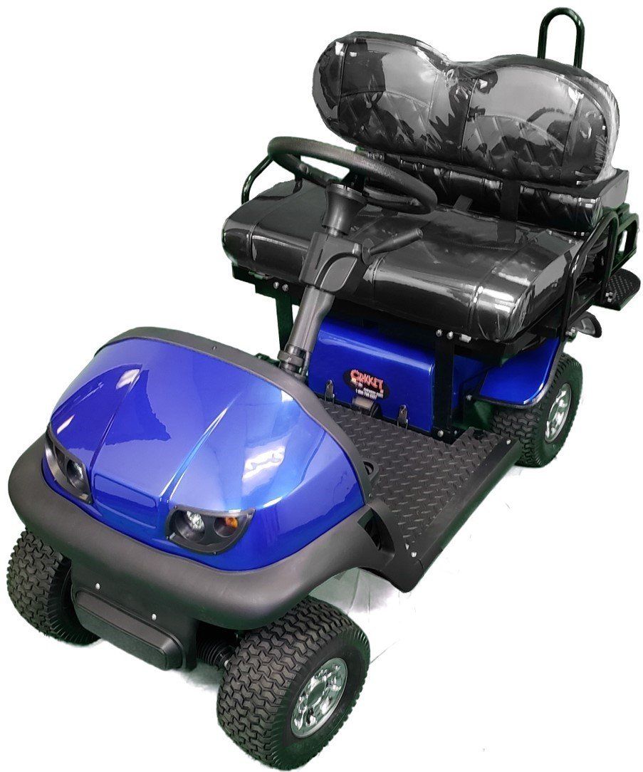 A blue golf cart with black seats on a white background.