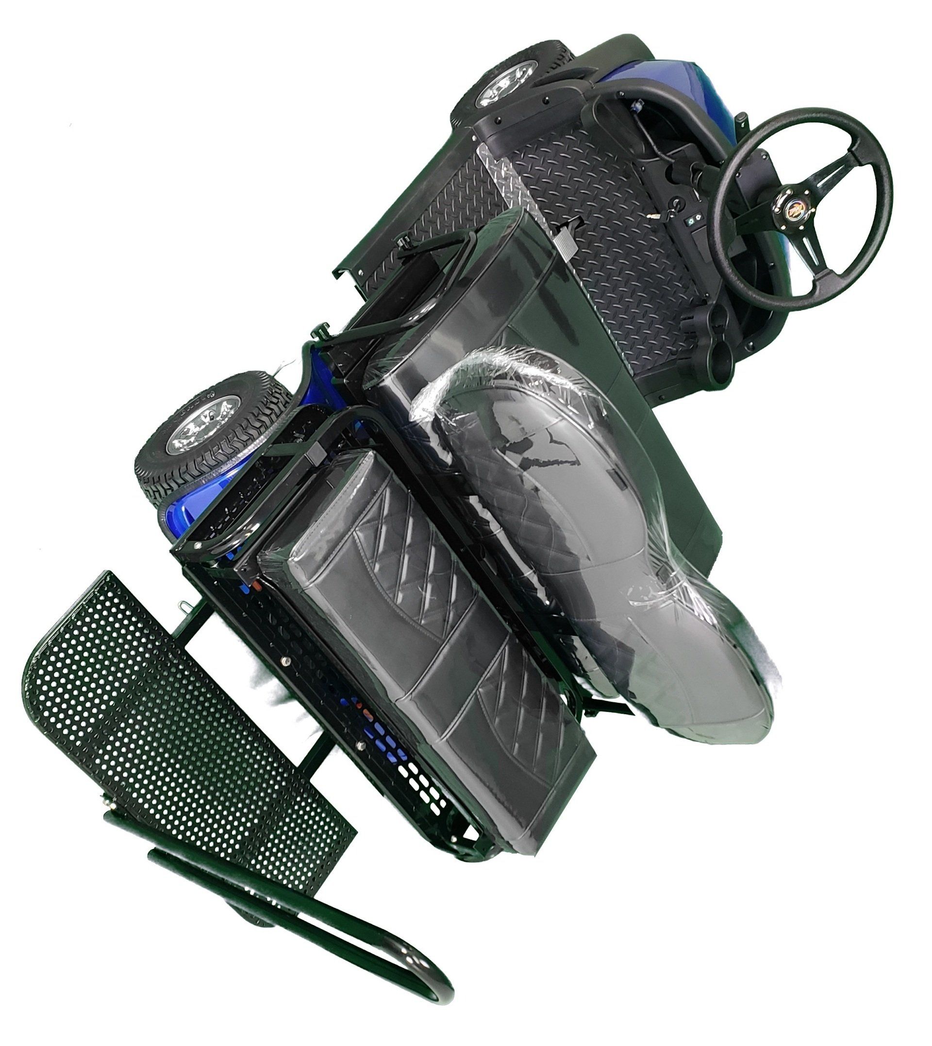 An aerial view of a golf cart with a steering wheel and seats.