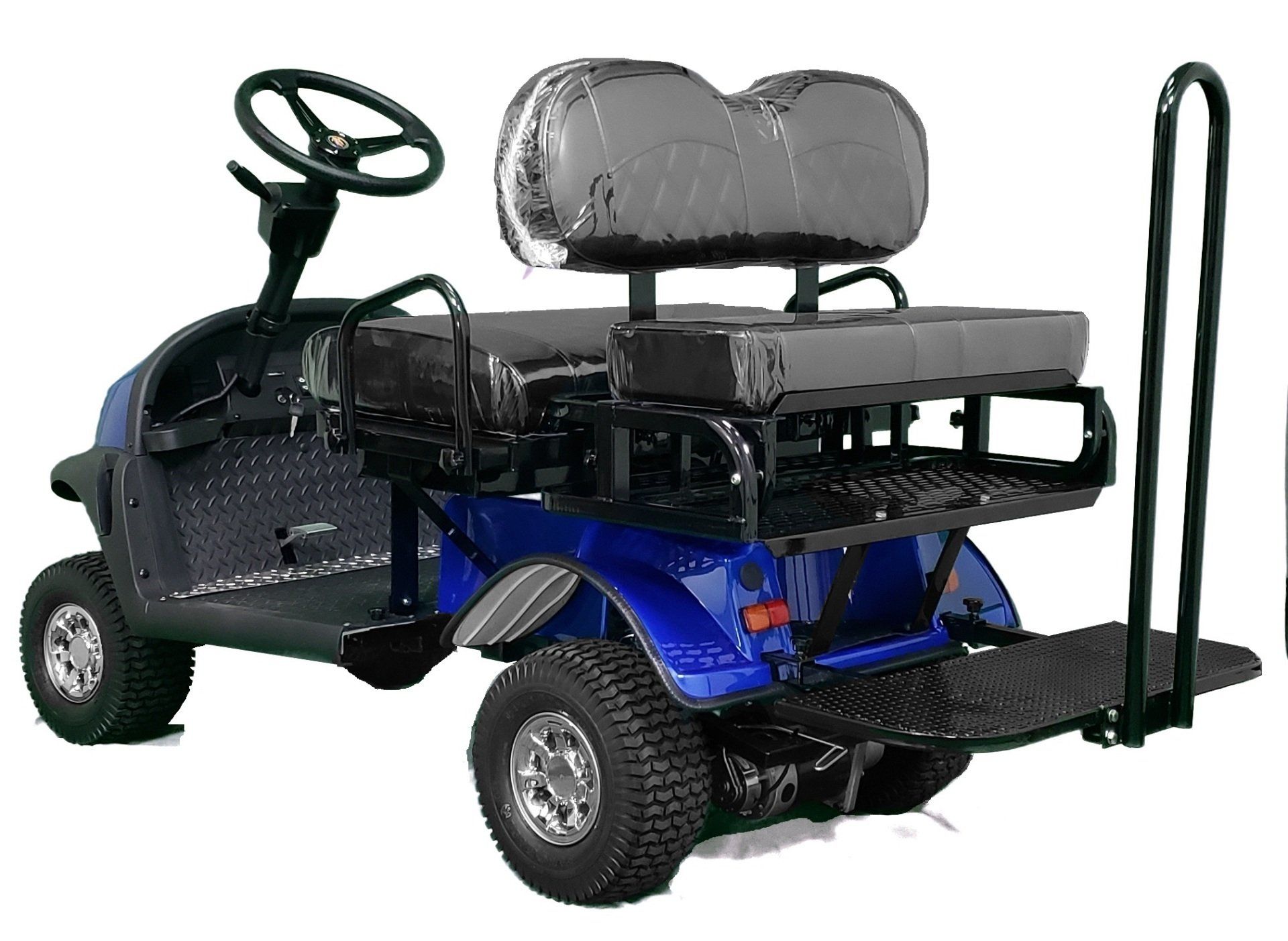 A blue golf cart with two seats and a steering wheel on a white background.