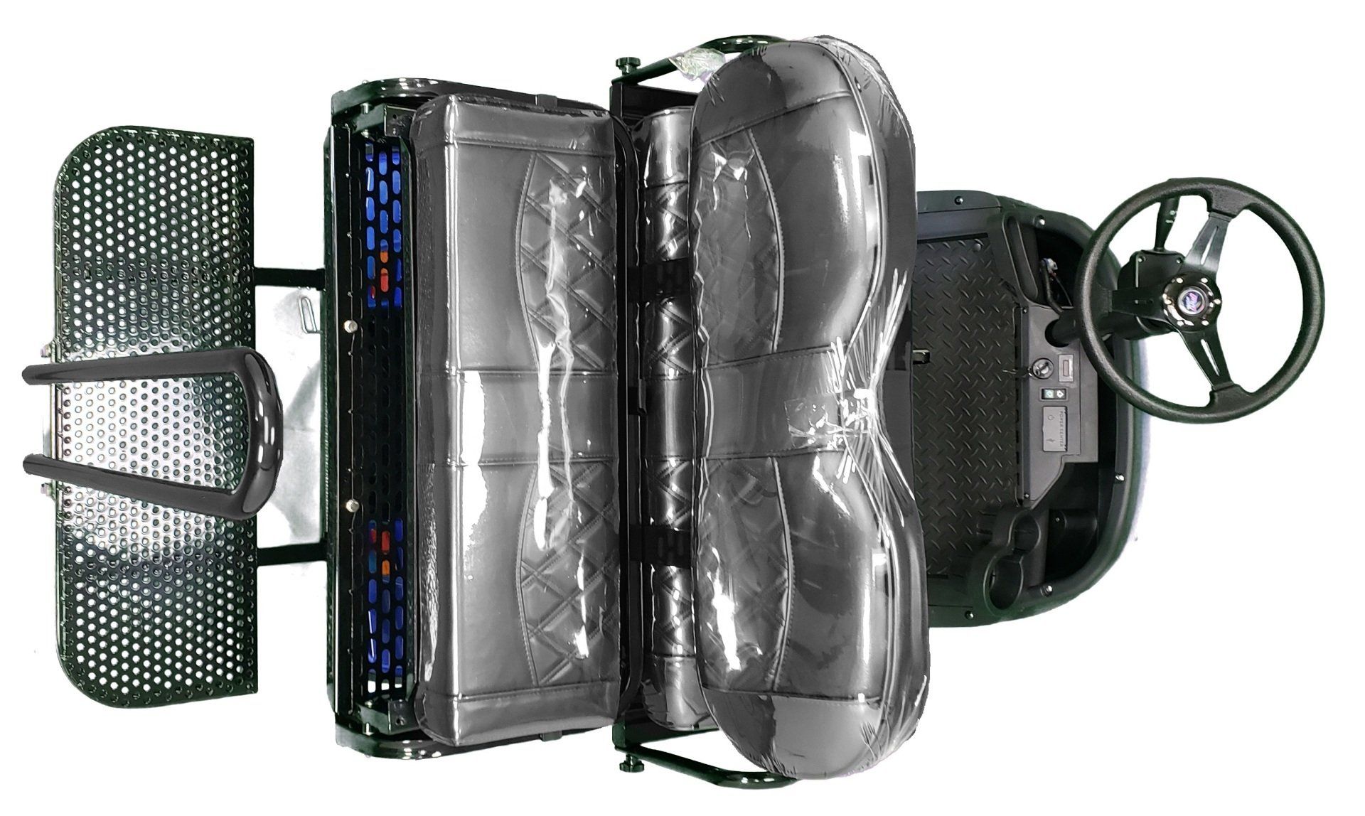 An aerial view of a golf cart with a steering wheel.