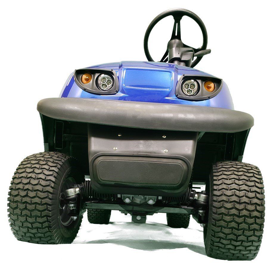 A blue golf cart with a steering wheel on a white background