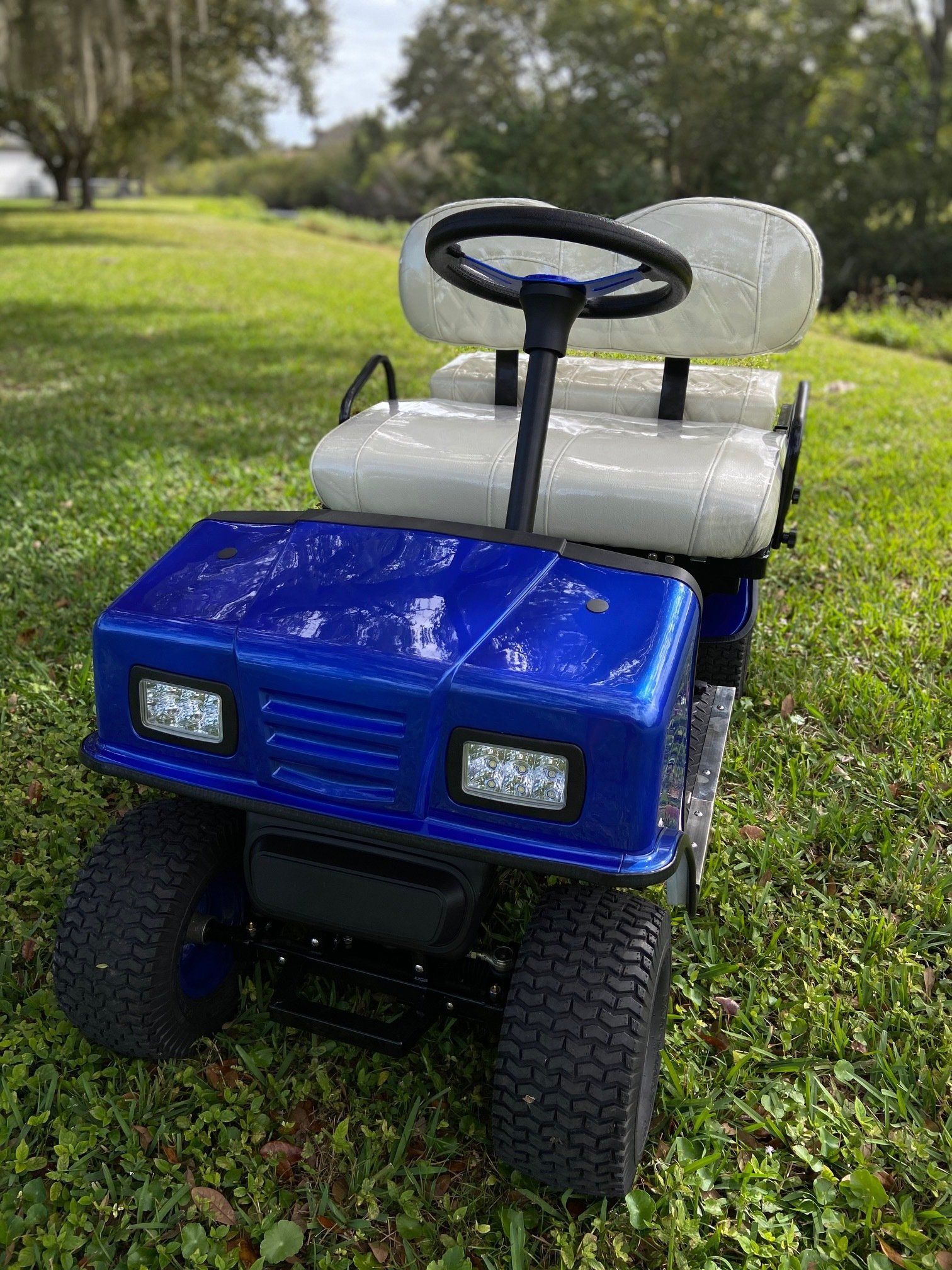 A blue golf cart is parked in the grass on a lush green field.
