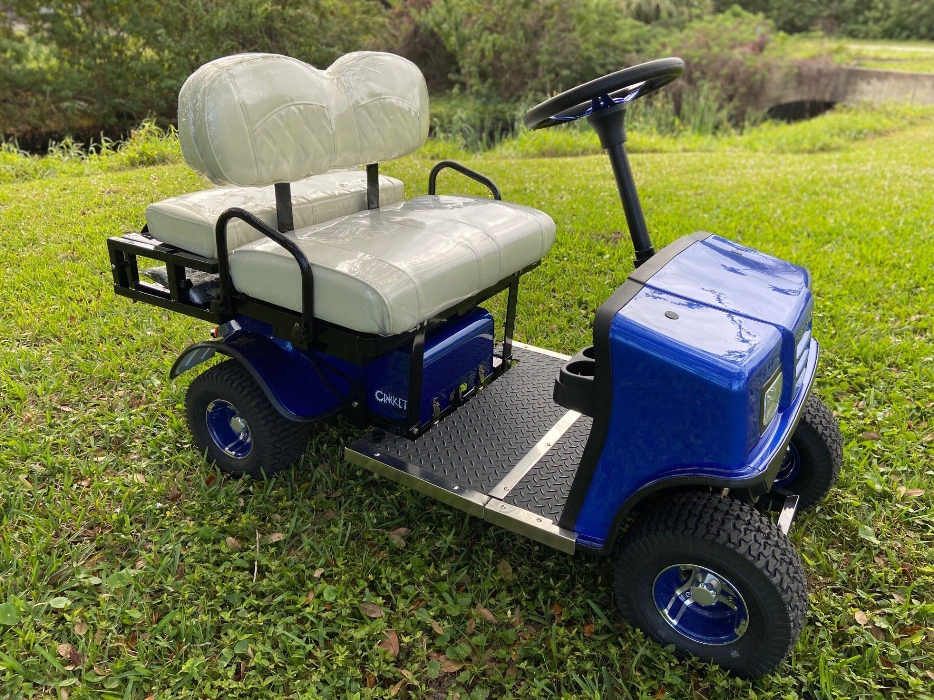 A blue golf cart is parked in the grass on a lush green field.