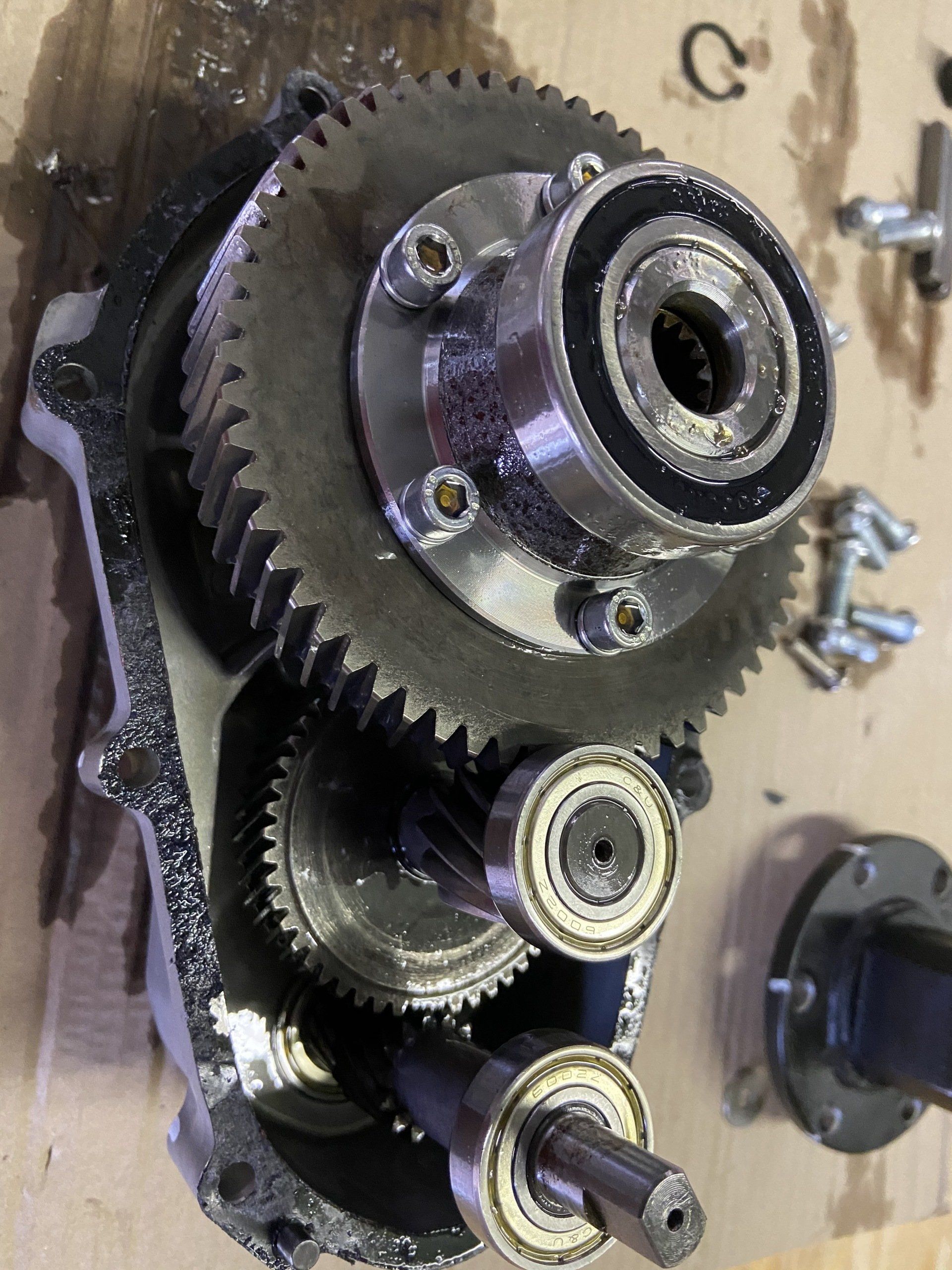A close up of gears and bearings on a table