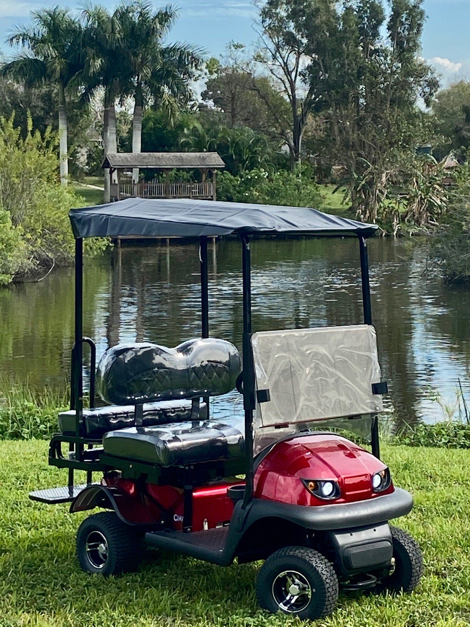 A red golf cart is parked in the grass next to a body of water.