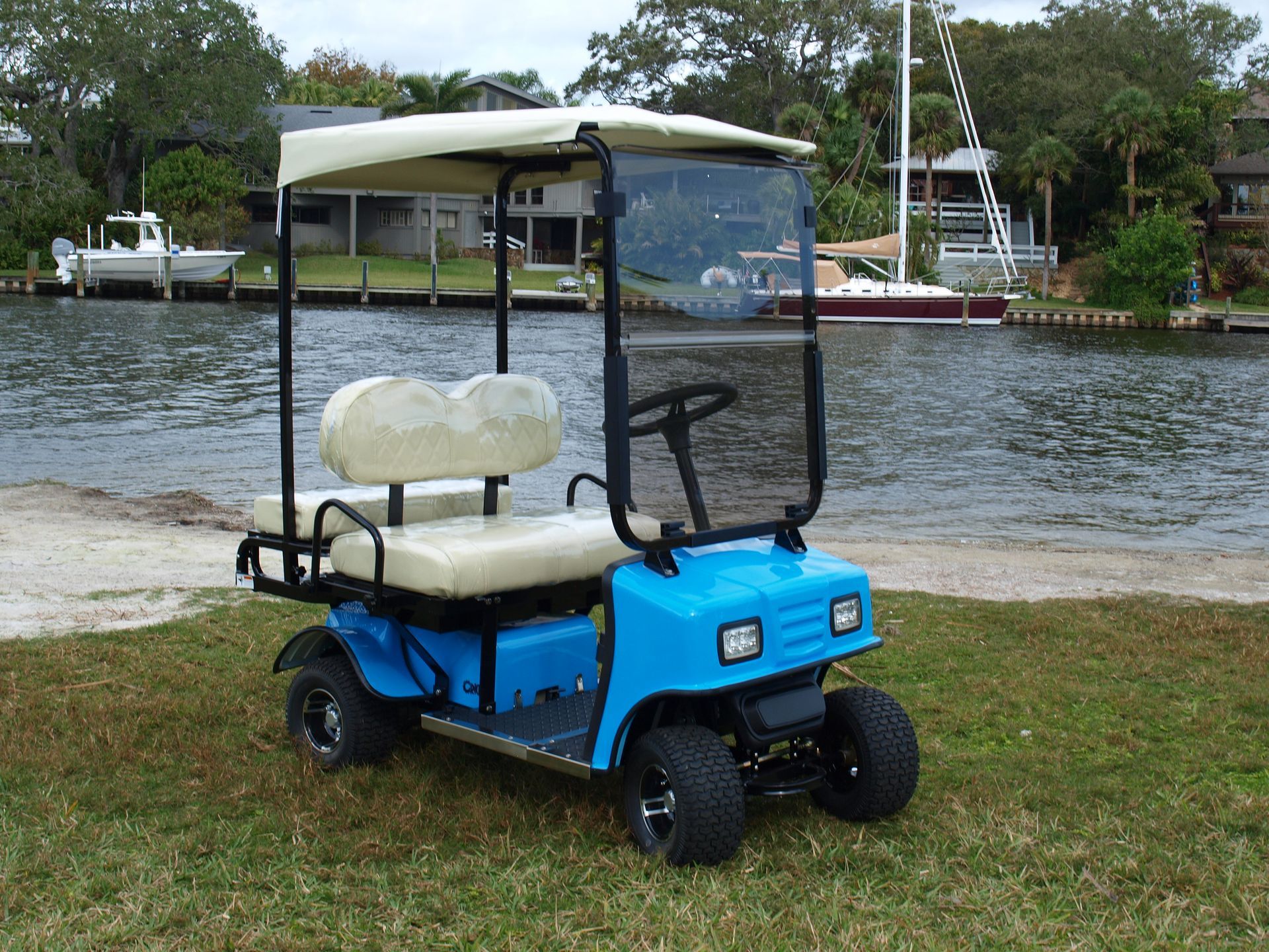 A blue golf cart is parked next to a body of water