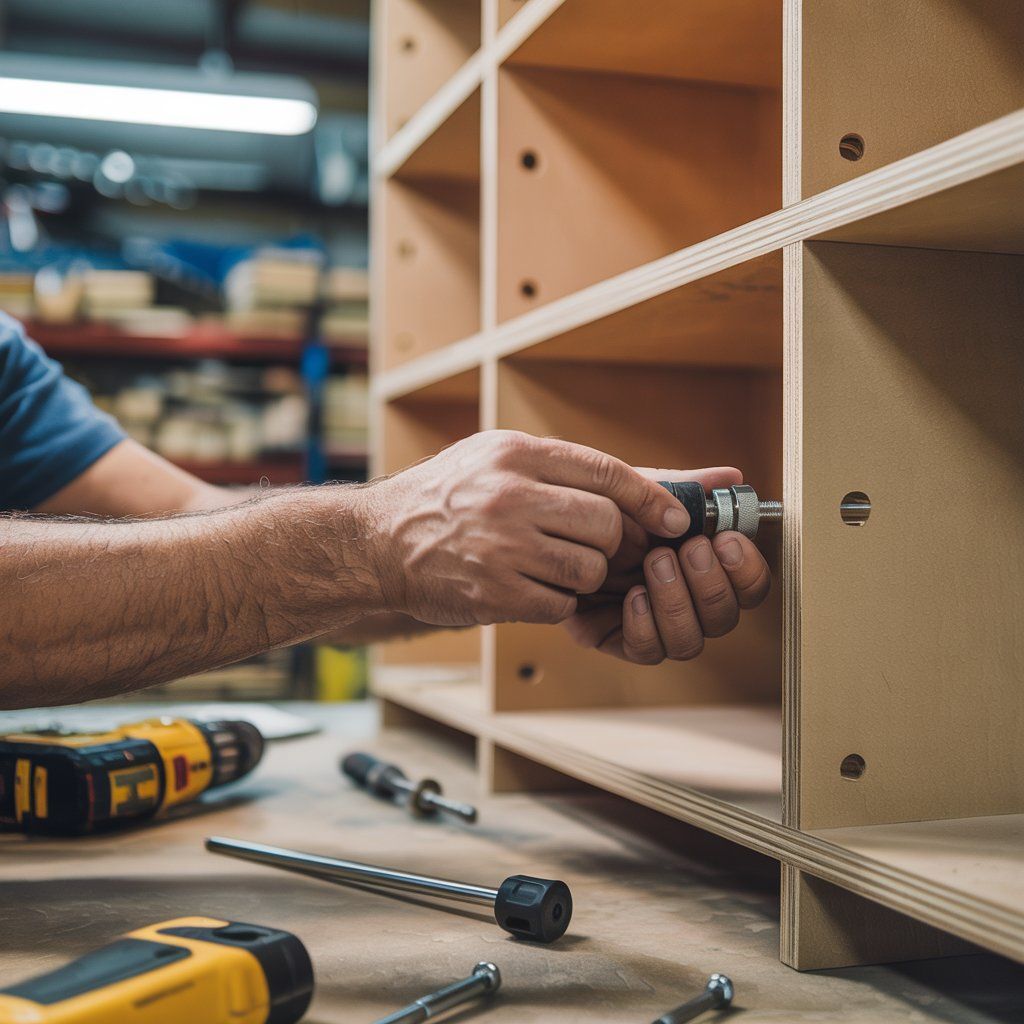 Person assembling wooden shelving unit with tools on a workbench.