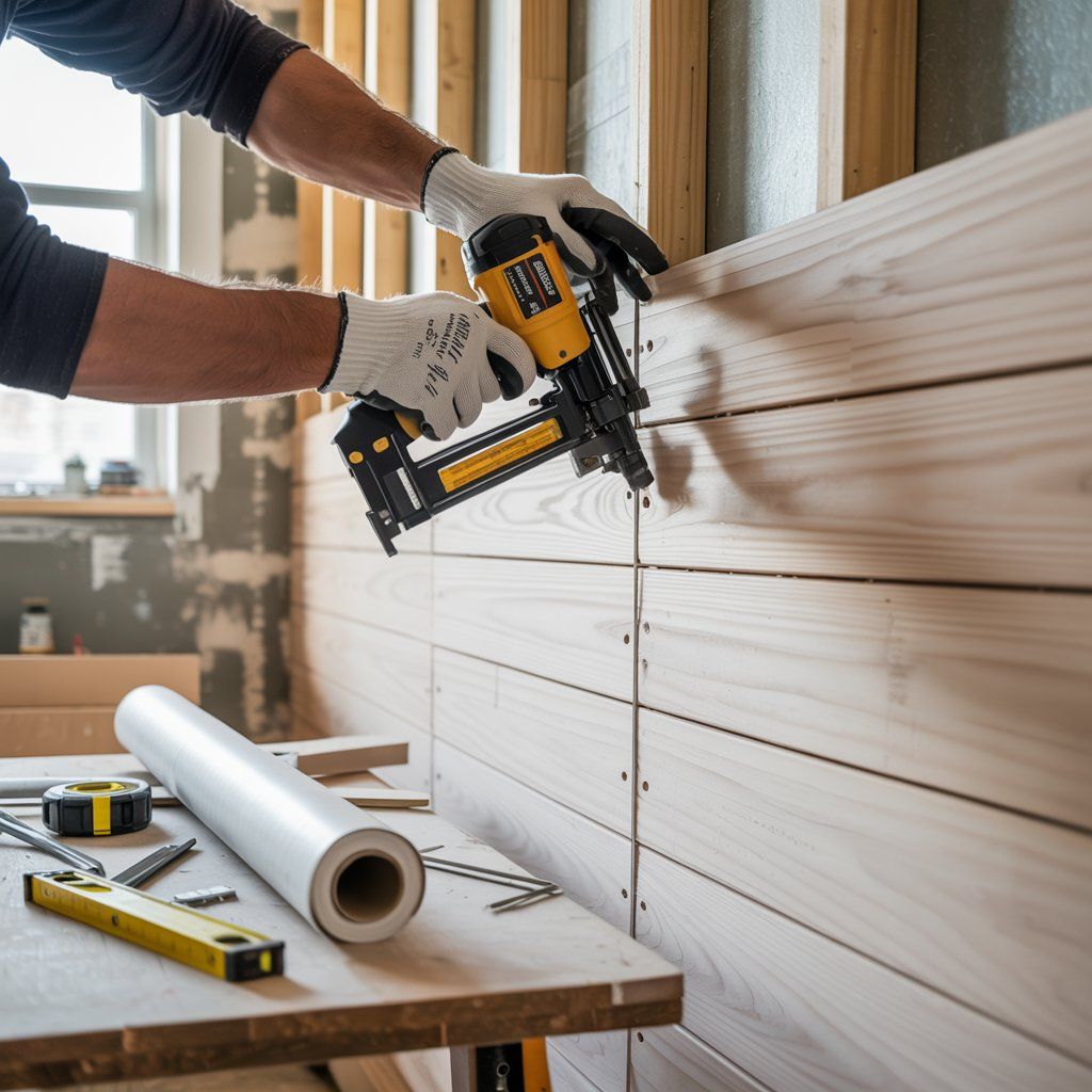 Person uses nail gun to attach wooden planks to a wall; tools and material on a workbench.