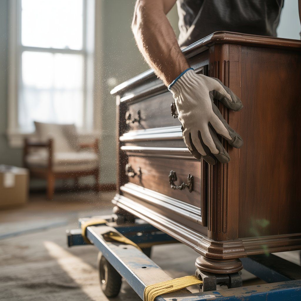 A person wearing gloves moving a wooden dresser on a dolly inside a home.