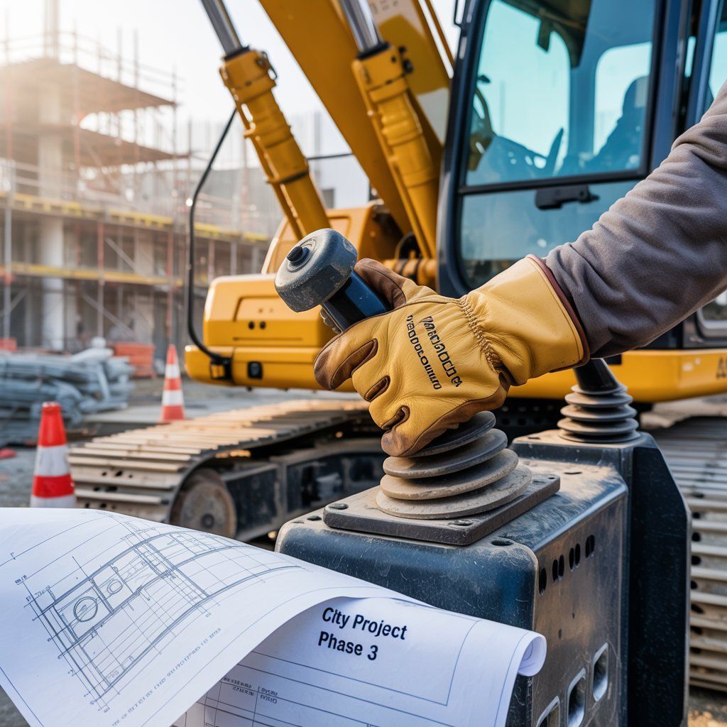 Construction worker operating excavator, wearing yellow gloves, with blueprints; urban setting.