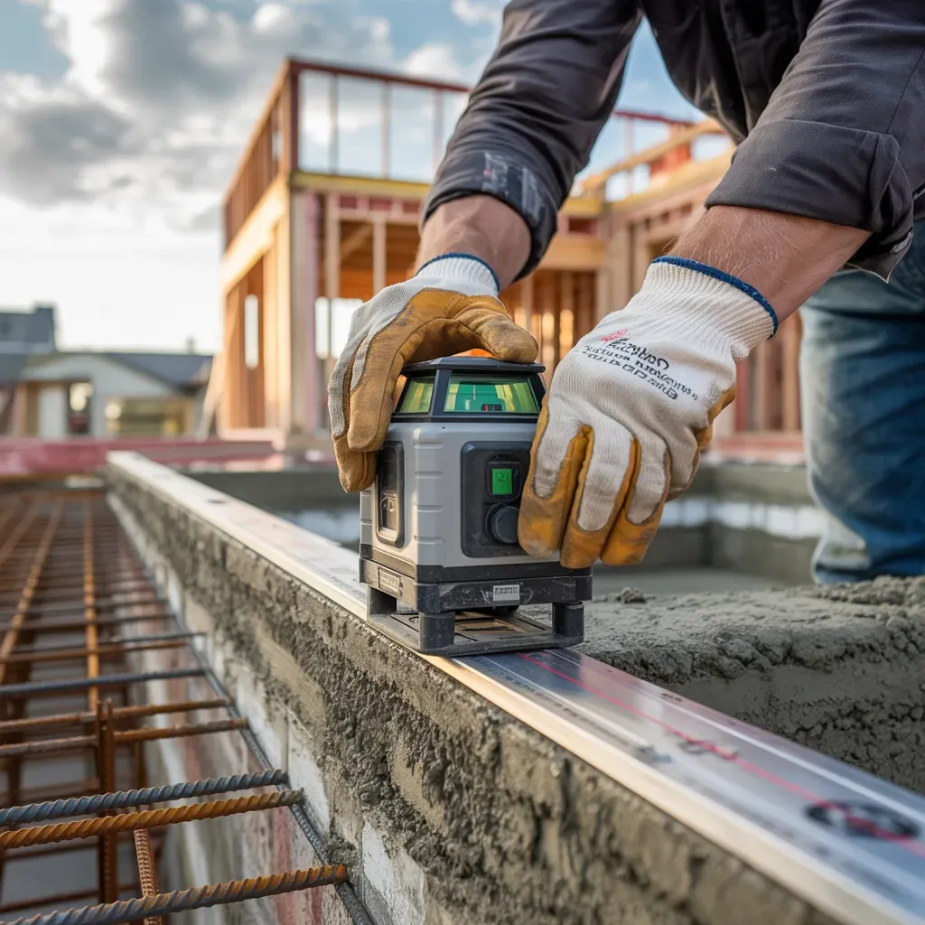 Construction worker using a leveler on a concrete slab, outdoors.