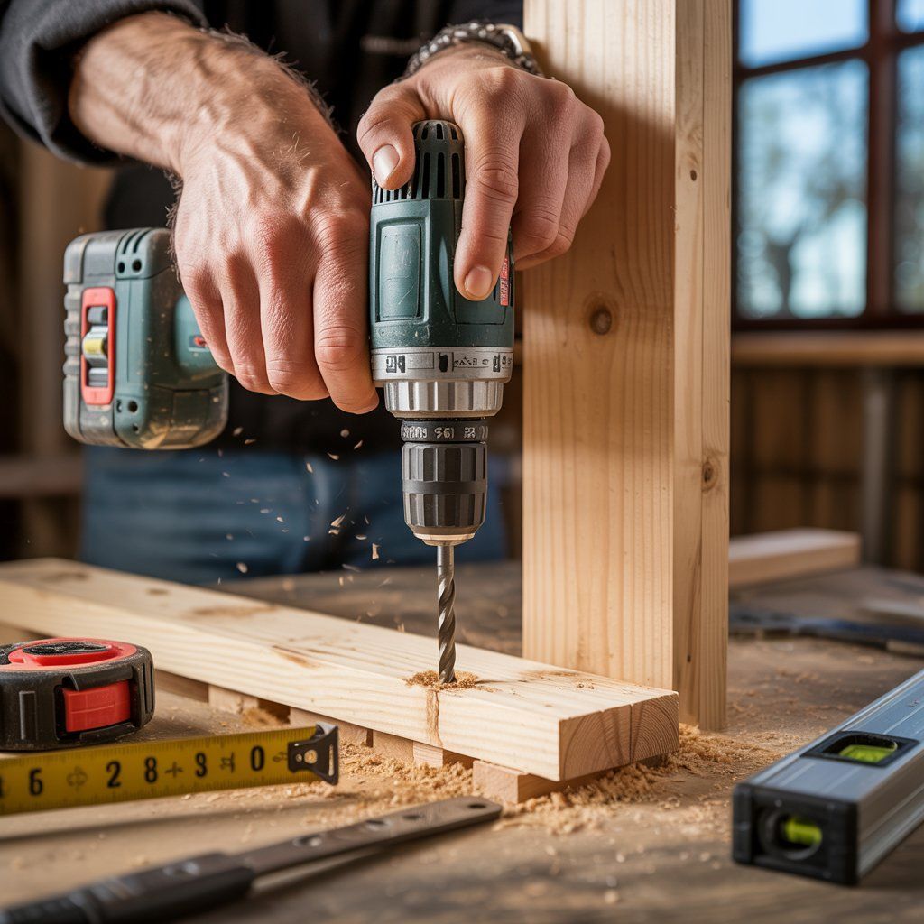 Person drilling wood with a power drill; woodworking tools, wood shavings visible.