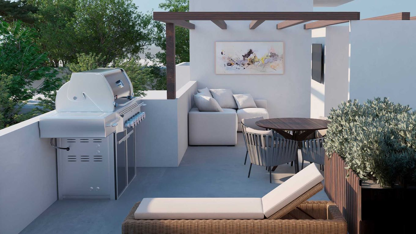 Impresión artística de un patio con parrilla, sofá, mesa y sillas.