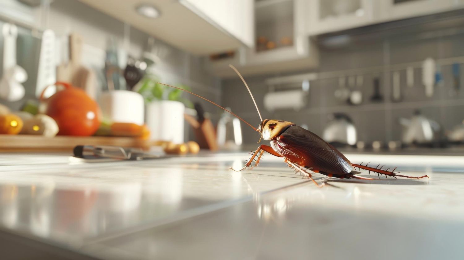 Cockroach on a kitchen countertop, near food prep area.