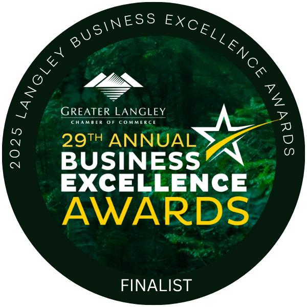 Circular badge: 2025 Langley Business Excellence Awards. Finalist. Green with text and a star emblem.