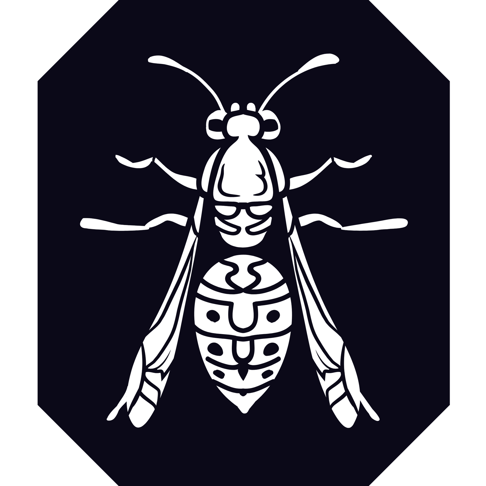 A black and white drawing of a wasp on a black background