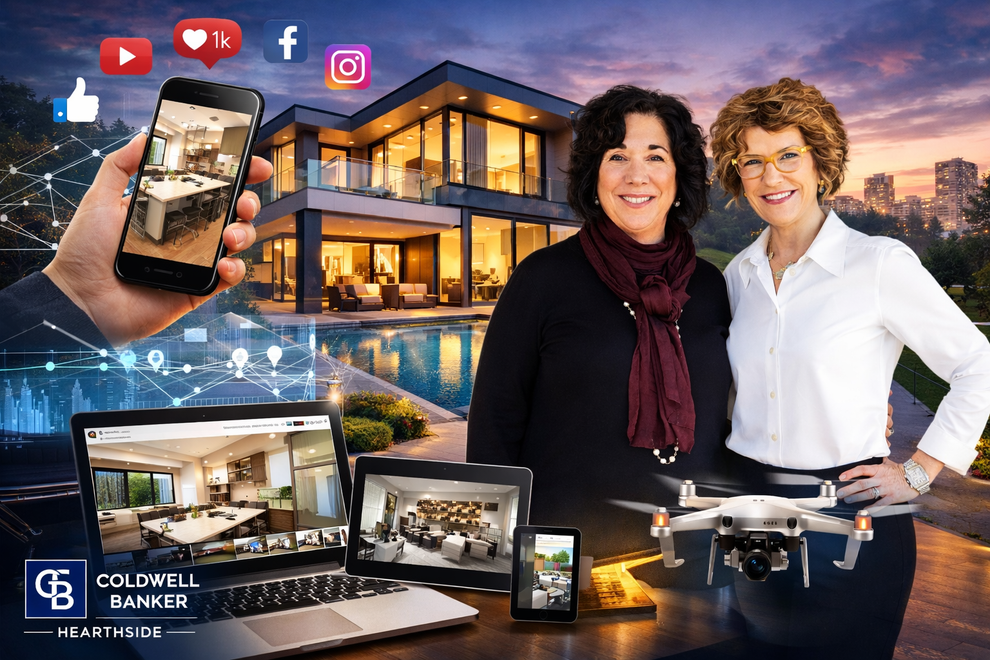 Two people stand before a modern house with a pool, accompanied by digital marketing tools, a laptop, and a drone.