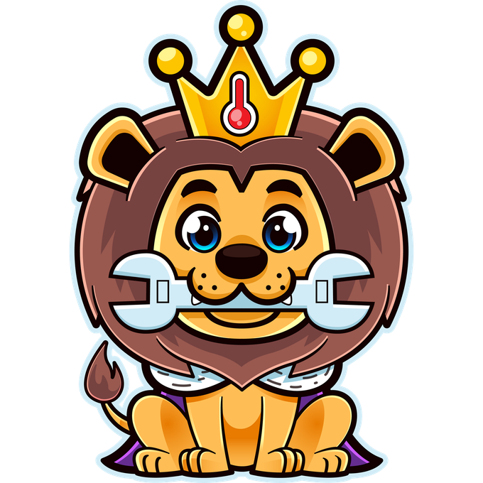 Lion cartoon character wearing a crown and cape, holding a wrench in its mouth.