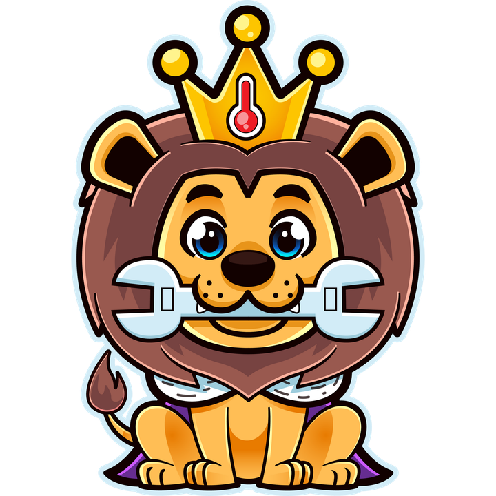 A cartoon lion with a crown and a wrench in its mouth.