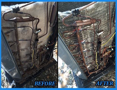 Before and after AC coil cleaning: dirty and clean copper tubes and coils.