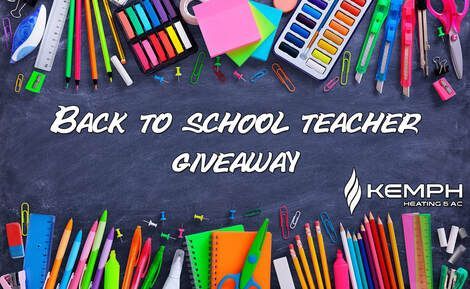 Back to school teacher giveaway ad with colorful school supplies on a chalkboard background.