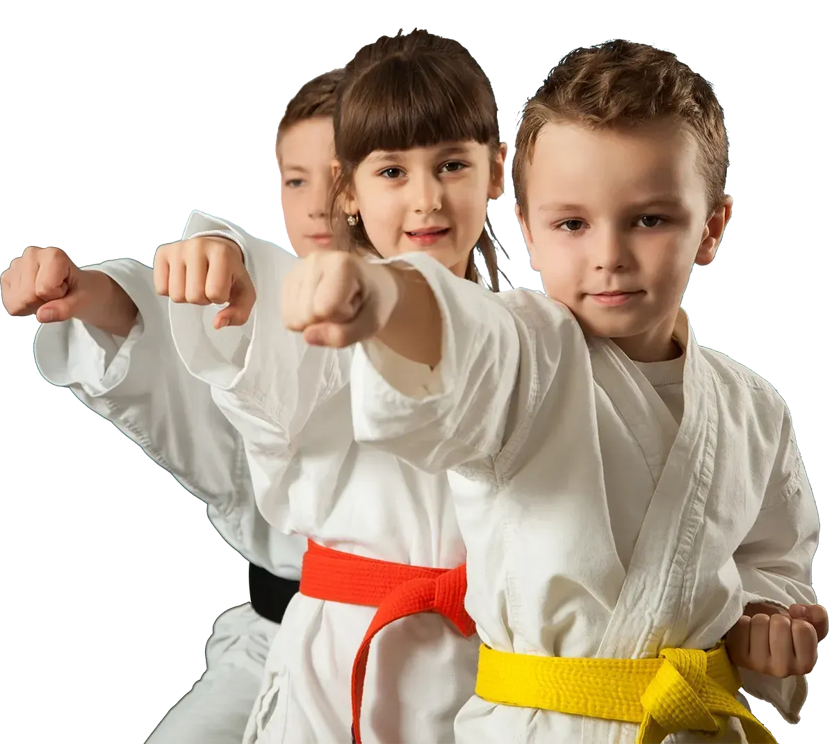 A boy and a girl are practicing karate together.