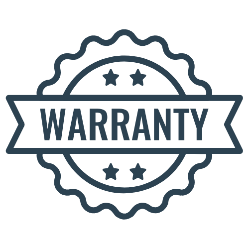 Warranty seal badge with dark blue text and stars.