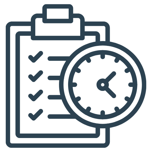 Clipboard with checklist and clock.