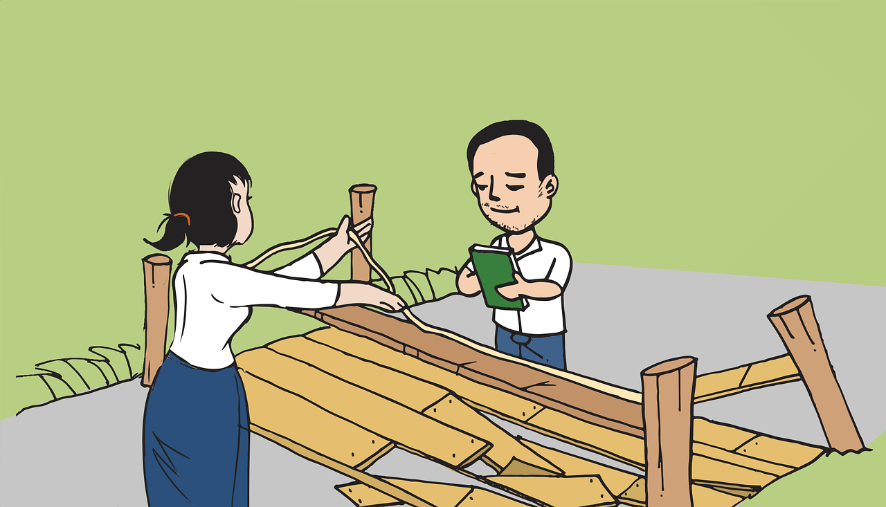 Cartoon of Man and Woman Building Table