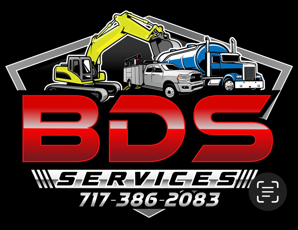 Logo for BDS Services: Red letters "BDS," below "SERVICES," with equipment like an excavator, truck. Phone: 717-386-2083.