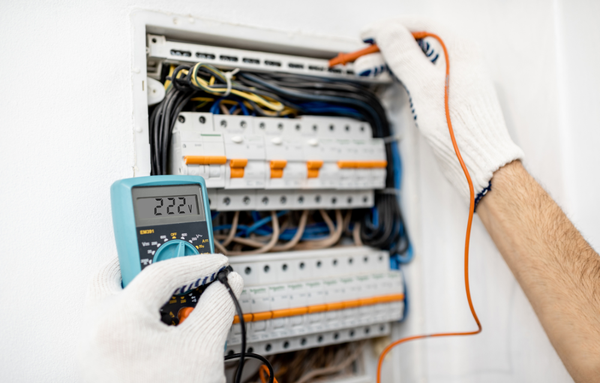 Electricista utilizando un multímetro para comprobar el voltaje en un panel de interruptores automáticos, con guantes puestos.