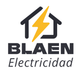 Logotipo de Blaen Electricidad: el contorno de una casa con un rayo amarillo en su interior y el nombre de la empresa debajo.
