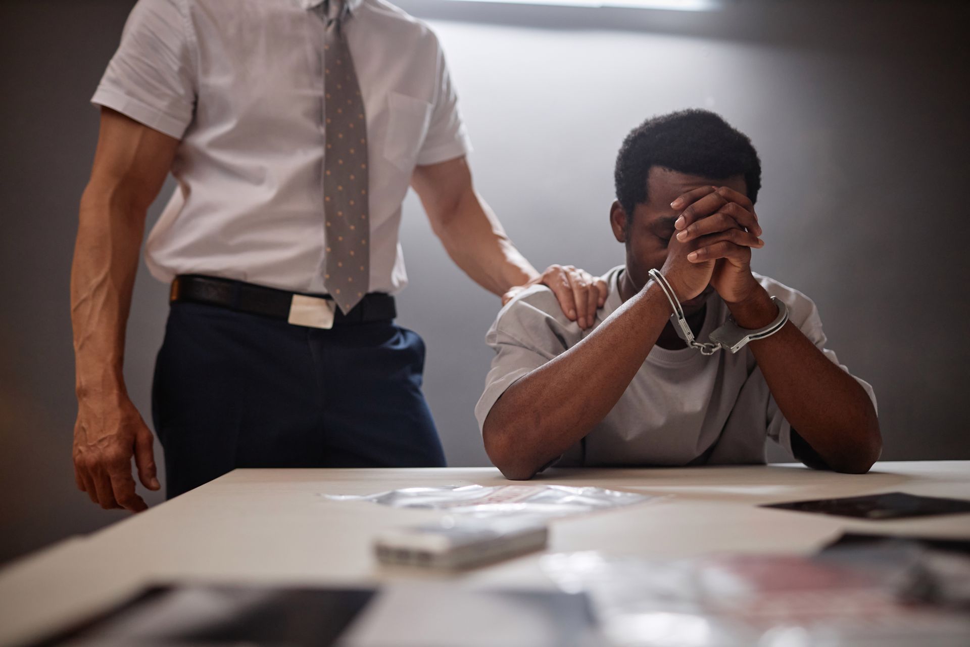 Man in handcuffs sits at a table, head in hands. A person in uniform places a hand on his shoulder.