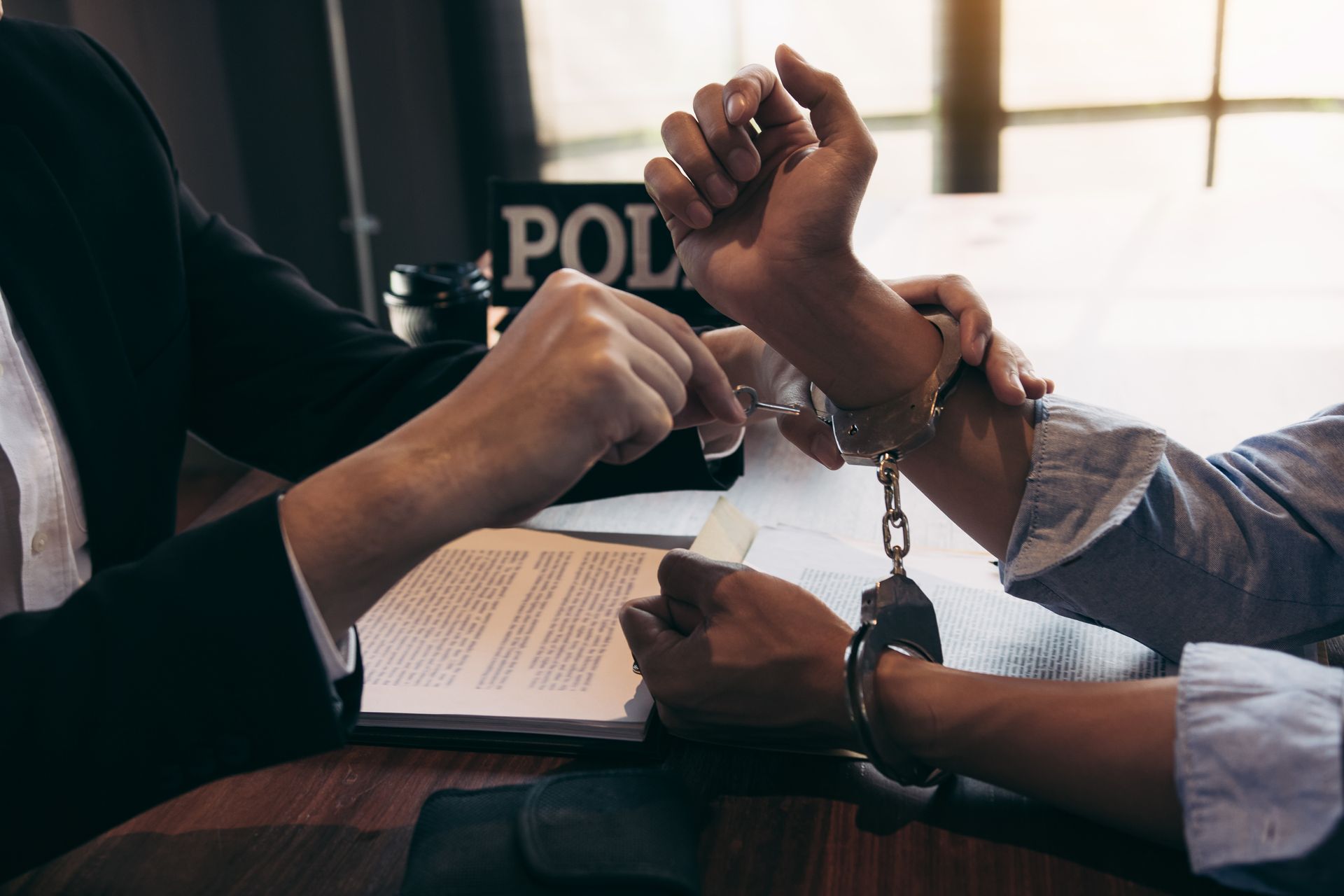 Person being handcuffed by another person, at a desk with paperwork and a police sign.