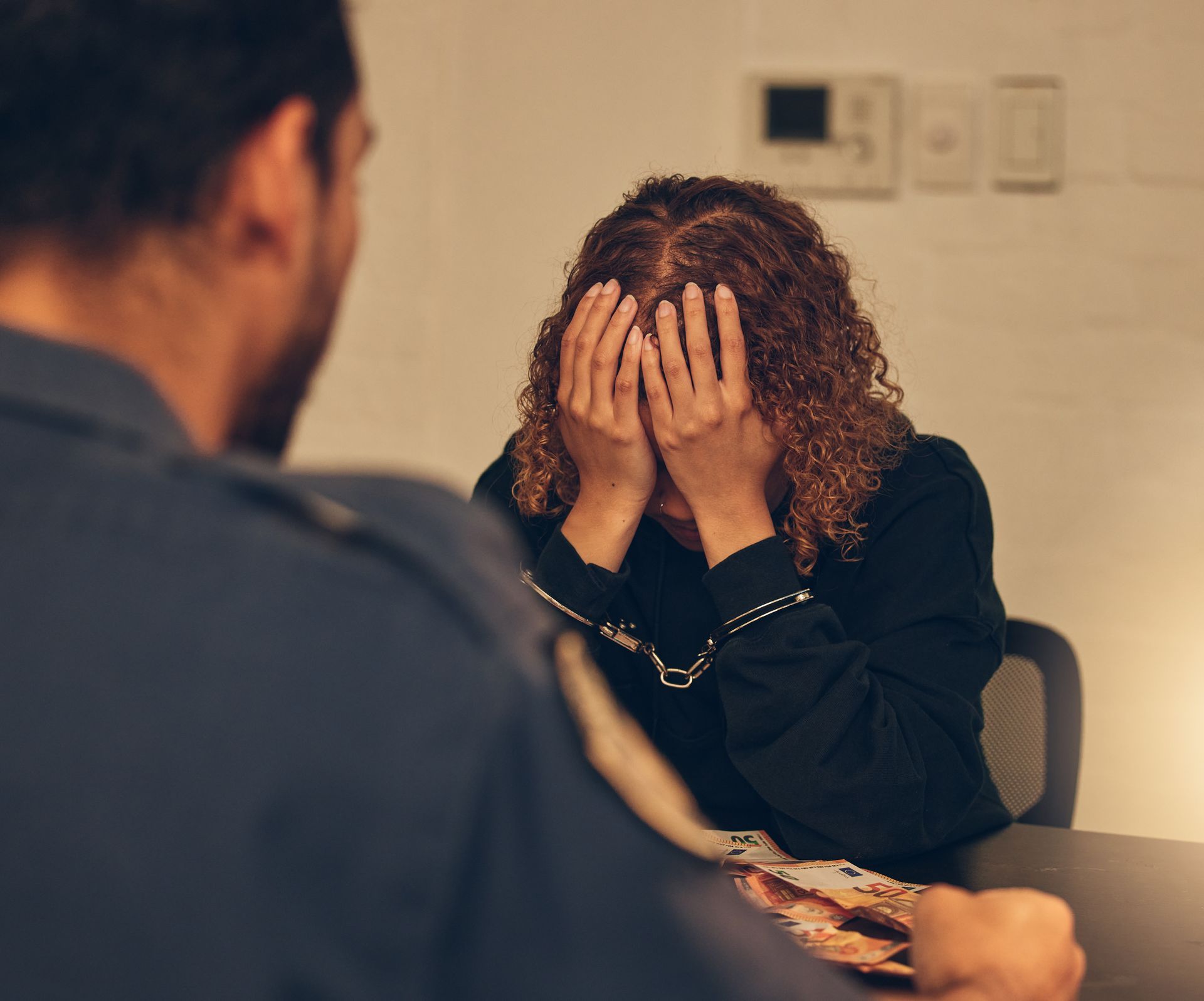 Woman in handcuffs covering her face at a table. A police officer sits opposite her.