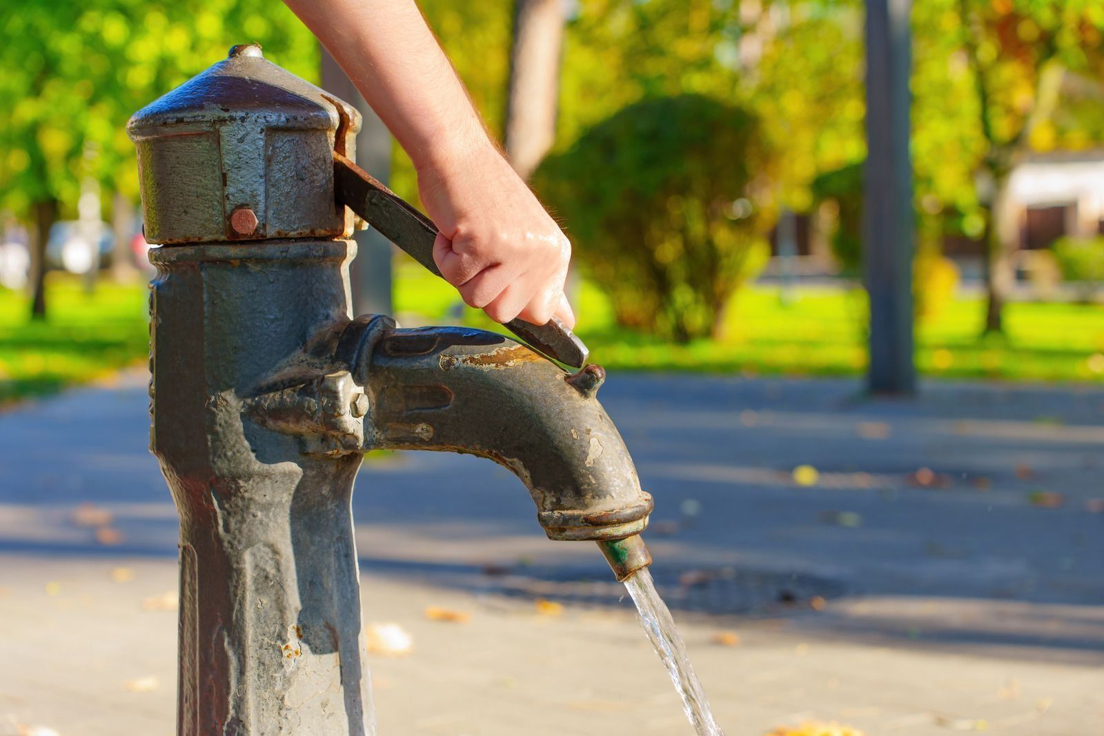 Hand turning a faucet as water pours into a sunlit park path