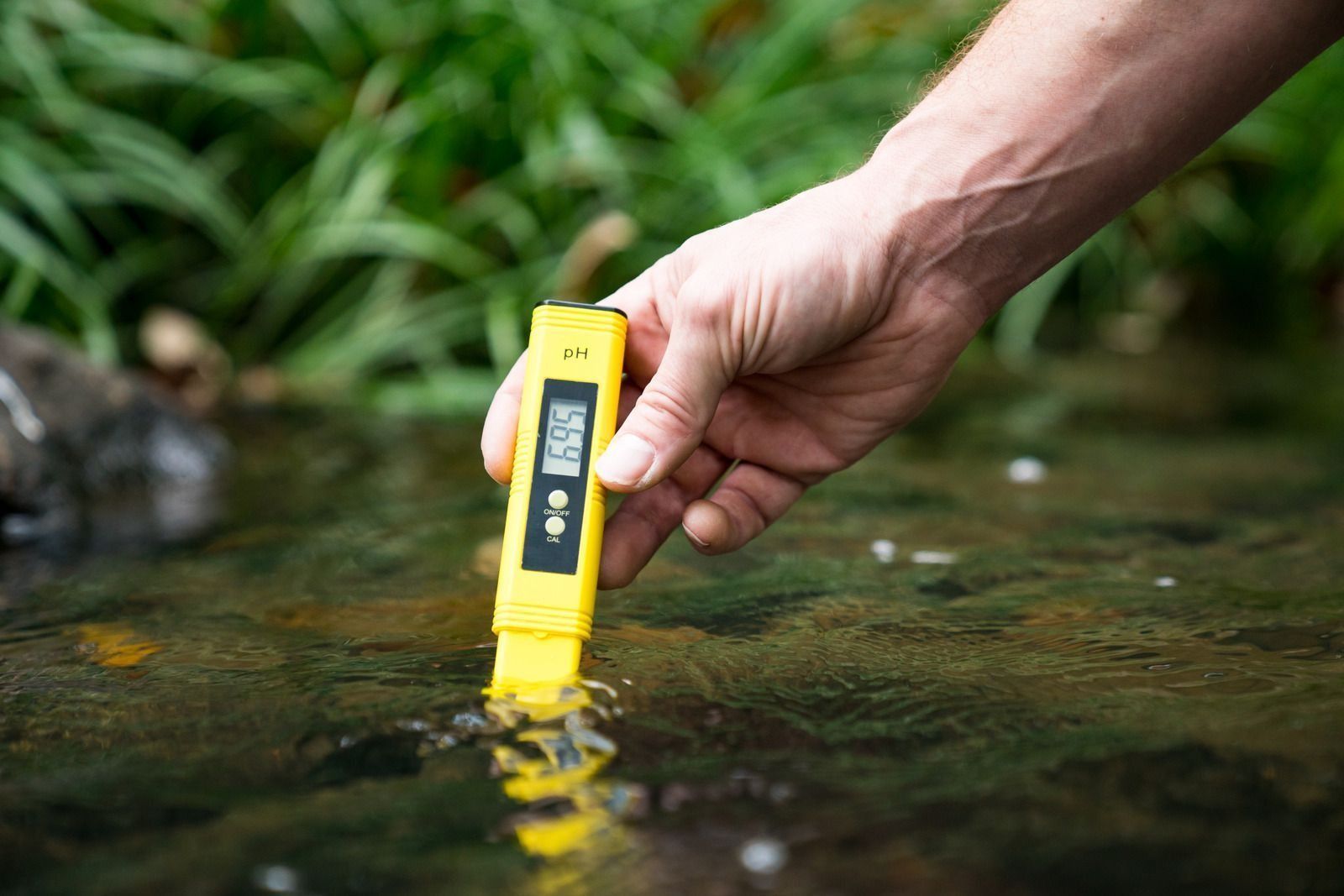 Hand holding a yellow water quality tester in a shallow stream
